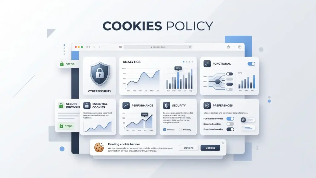 Modern browser privacy dashboard illustrating cookies policy settings and secure website browsing experience