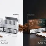 TEREA Swiss and TEREA Italy packs displayed side by side with premium tobacco flavor comparison styling.